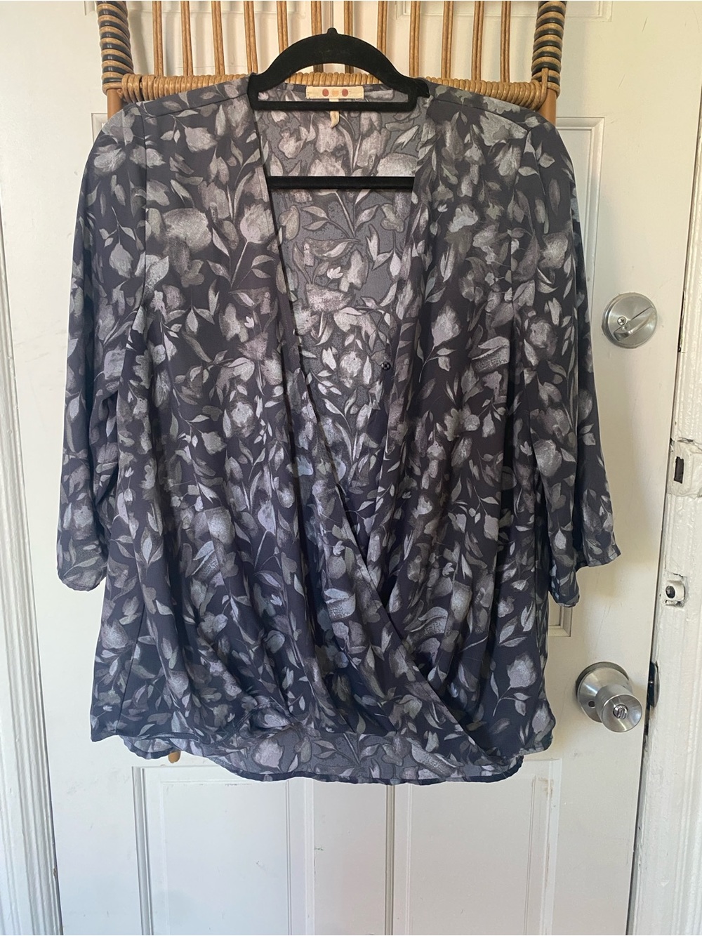 Three Dots Gray Floral Wrap-Front Blouse